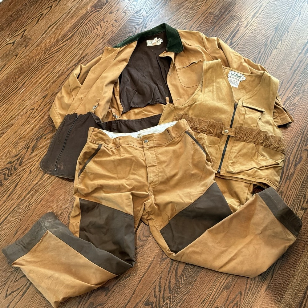 VTG LL Bean Hunting Jacket 44 Pants 38 Vest L Barn Chore Game Pockets